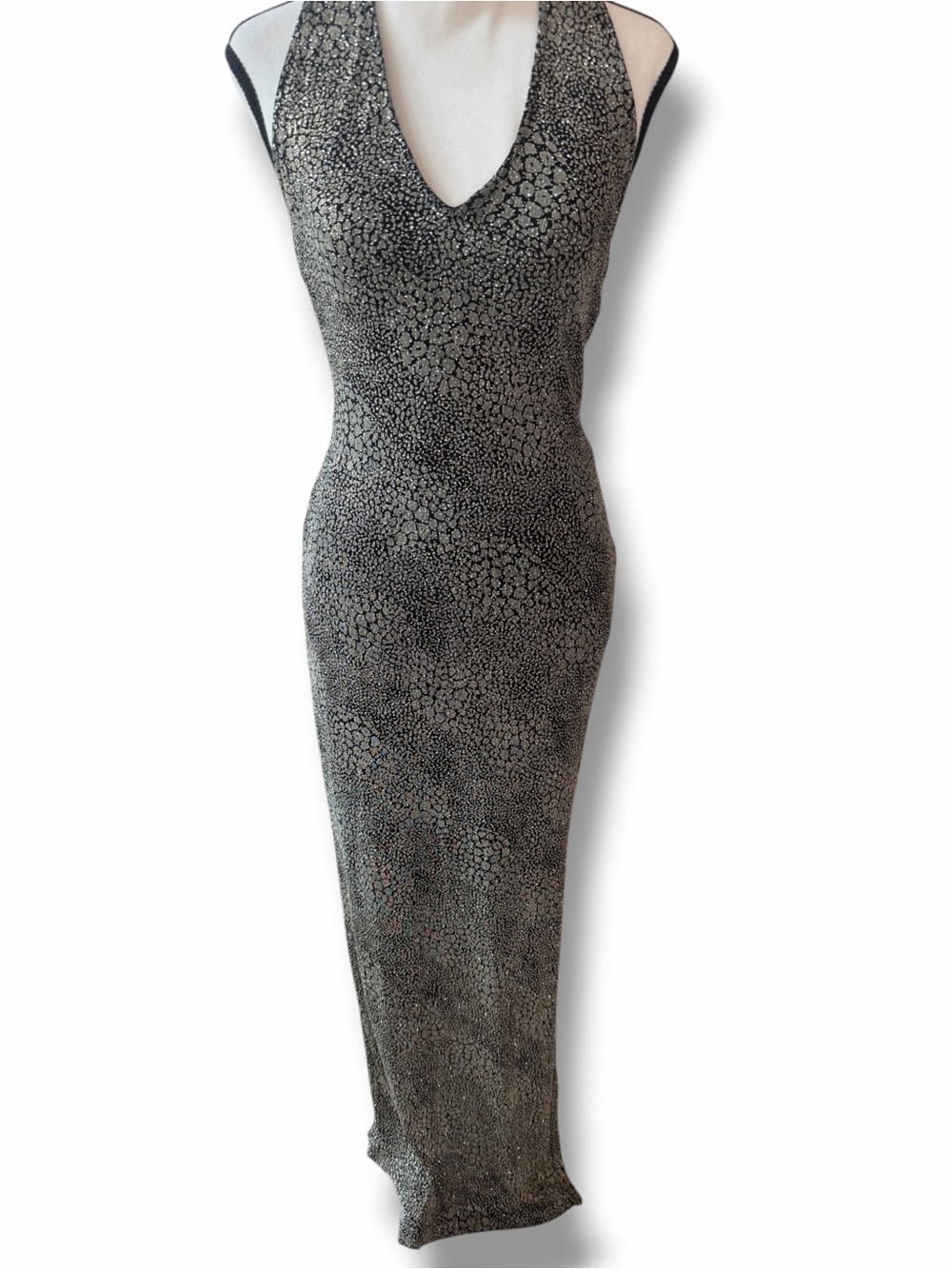 Vintage 90s Y2K glitter maxi halter dress open low back black gold slinky slit